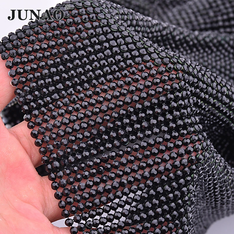 JUNAO 45*120cm Gold Crystal Rhinestone Mesh Fabric Aluminum Sewing Metal Trim Resin Strass Ribbon For Dress Jewelry Crafts