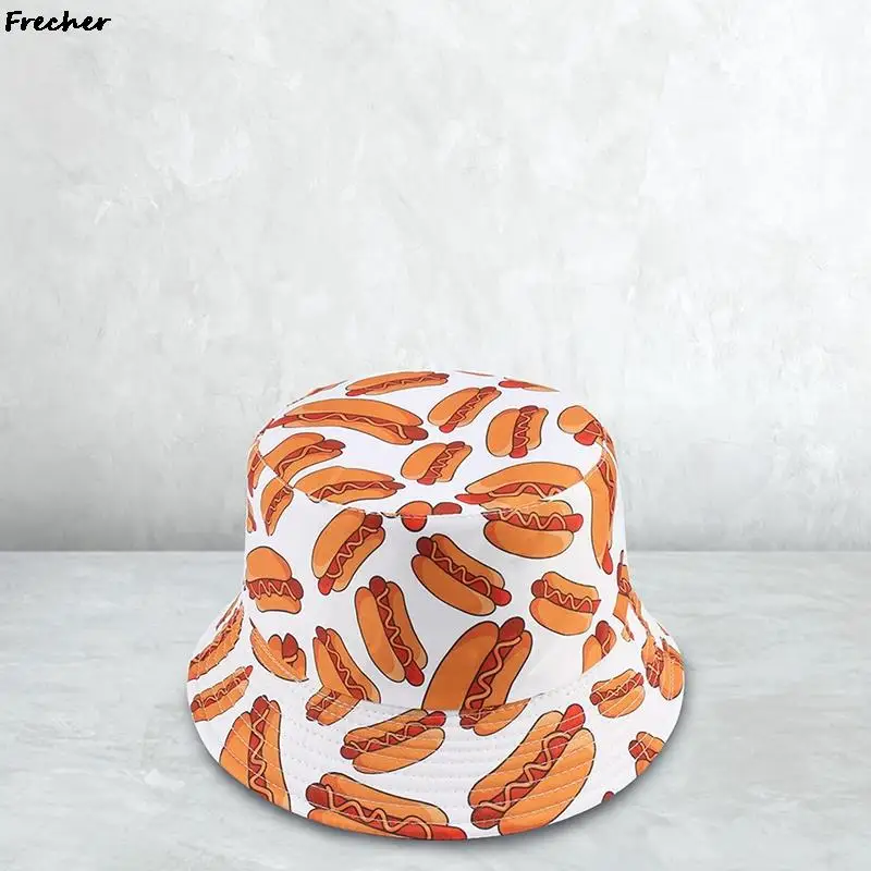 Hot Dog Bucket Hats Summer Sunscreen Panama Breathable Cotton Funny Sun Hats for Women Men Outdoor Hip Hop Cap Hamburger Caps