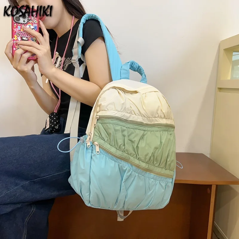 

Contrast Color Patchwork Pleated Backpacks College Casual Travel Bags for Women Y2k Aesthetic All Match Trendy Simple Schoolbags