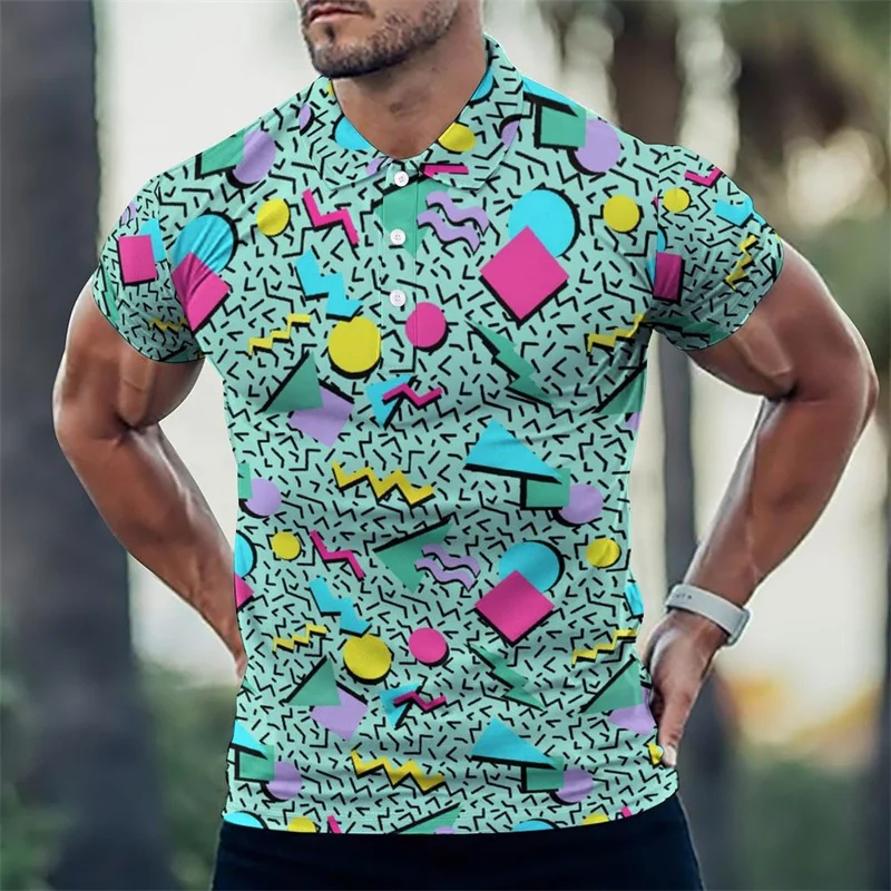 Vintage 80s 90s Pattern Golf Polo Shirt Summer 3d Printing Lapel Shirt Street Loose Short Sleeve Tops Men's Button Tee Shirts