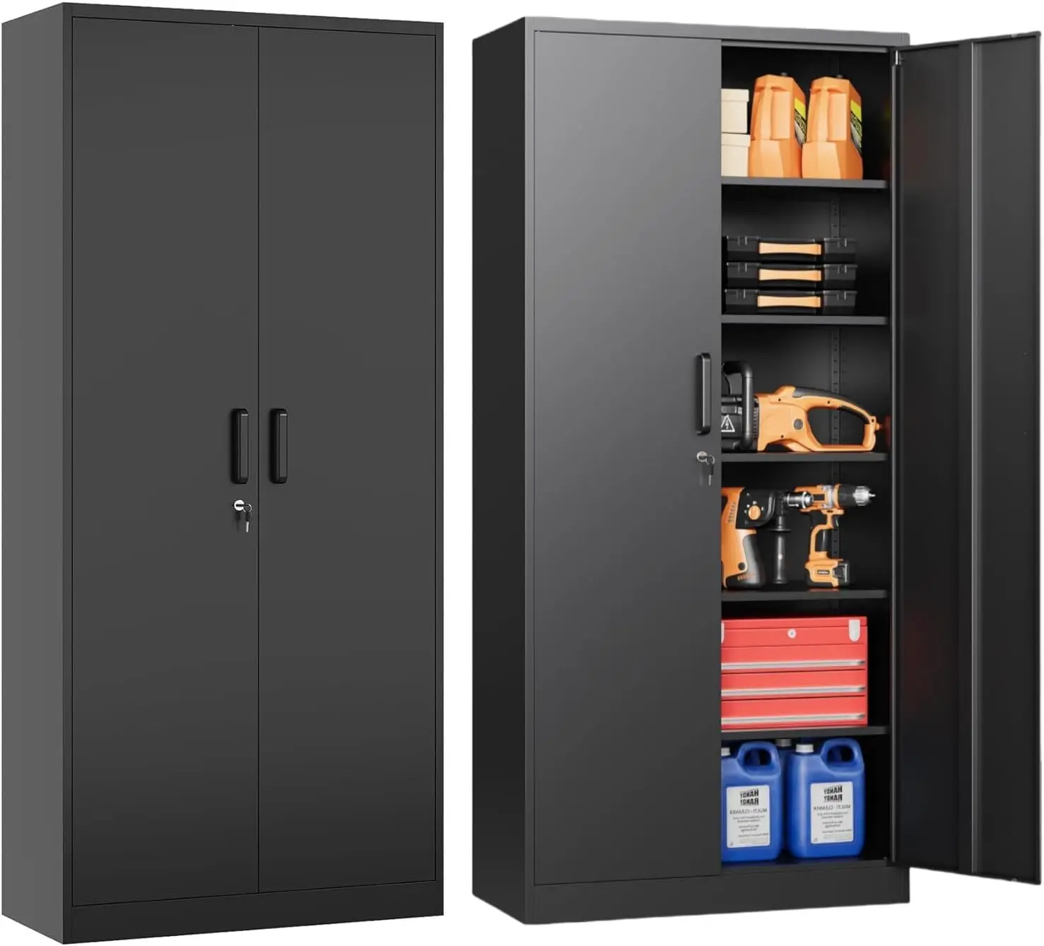 Storage Cabinet with 5 Adjustable Shelves, Garage Shelving Cabinet with 2 Lockable Doors, Tool Cabinet for Garage Storage,