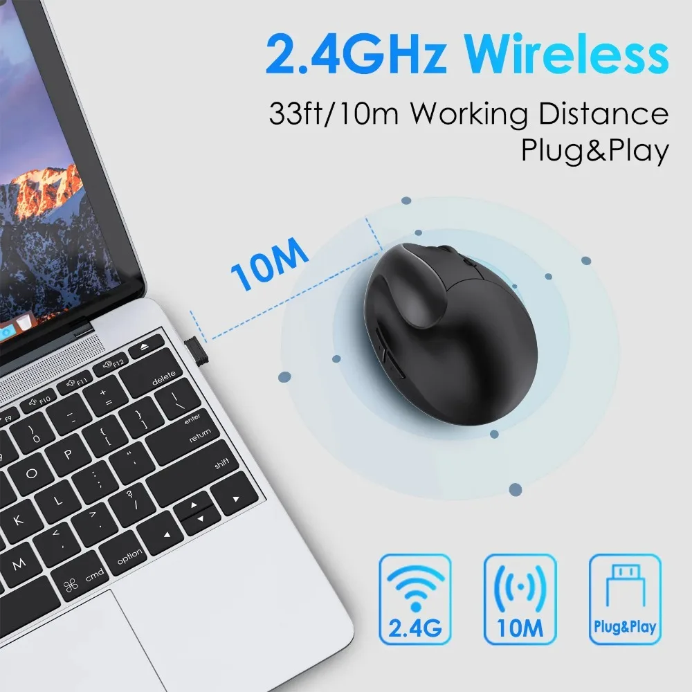 2.4G Wireless Vertical Ergonomic Silent Mouse 1600 Adjustable DPI Plug&Play USB Mice For Office Gaming Laptop PC Desktop