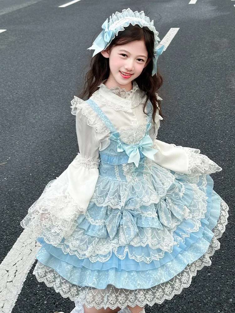 Girls Sweet Lolita Halter Dress With Layered Lace Trumpet Sleeved Shirt Girls Elegant and Gorgeous Clothings 5-15Y