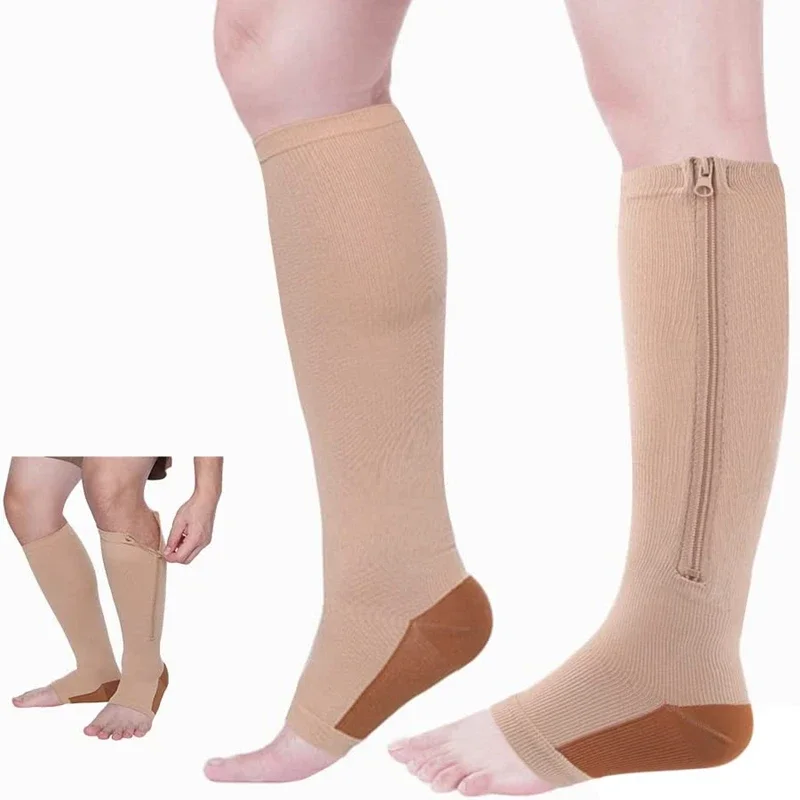1 Pair Men Women Zipper Calf Compression Socks Knee High Open Toe Support Graduated Medical Varicose Veins Hosiery Health Care
