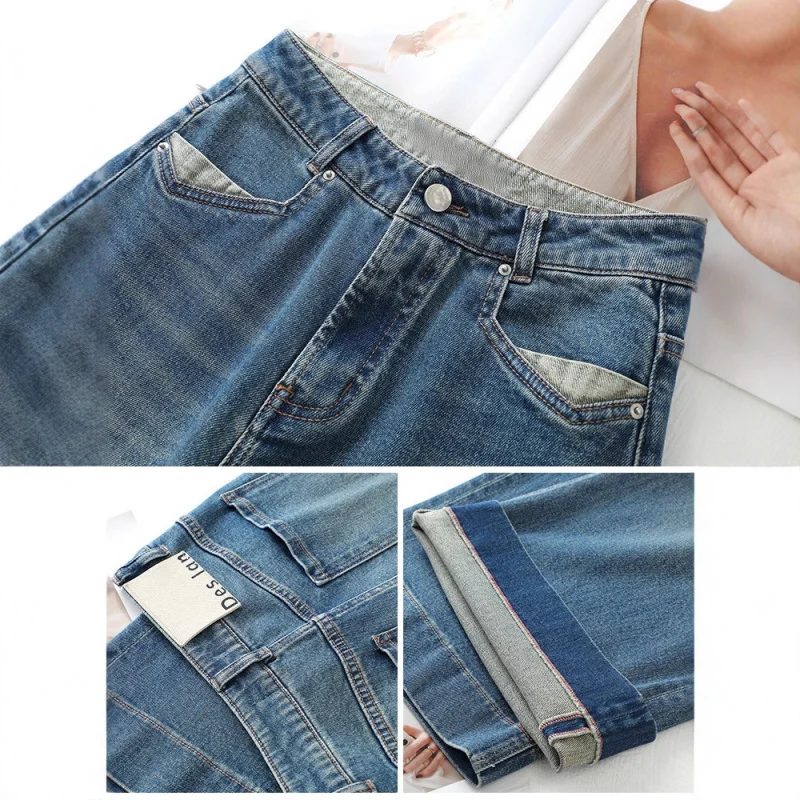 جينز واسع الساق من تسع نقاط للنساء، التنقل في الخريف، التخسيس، فضفاض، ثنيات، متعدد الاستخدامات، سروال صغير مستقيم الساق