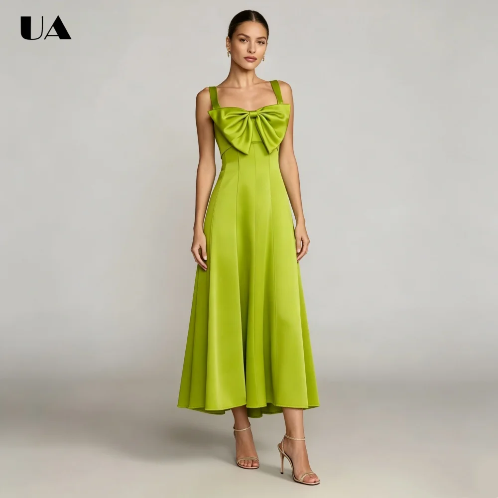 

ULBYANRY Customized Satin A-line Square Neck Prom Dresses for Women, Elegant Bow Evening Dress, Trendy Sleeveless Party Dress