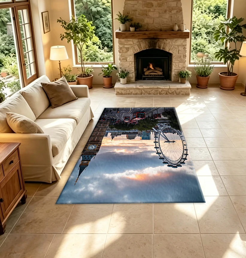 London Big Ben London Eye Sunset View Carpet City Famous Landmarks Scenery Floor Carpet for Home Room Decoration