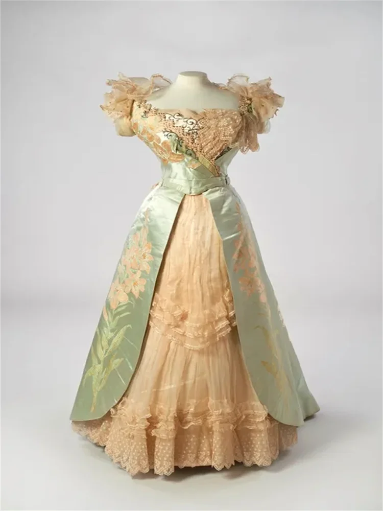 

1897s Vintage Victorian Pleated Lace Prom Evening Dresses Queen Princess Tea Party Rococo Ball Gown