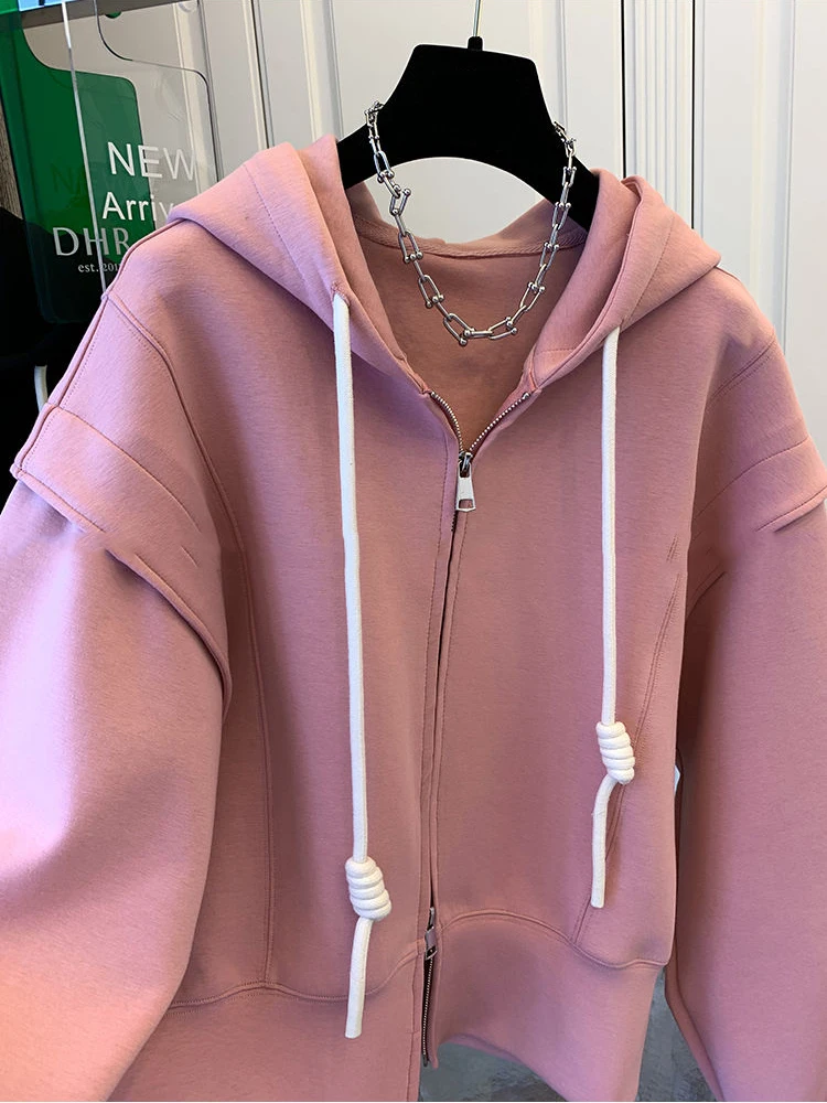 Autumn Women Baseball Jacket Oversized Hooded Sweatshirt Loose Drawstring Coat Female Casual Basic Coat