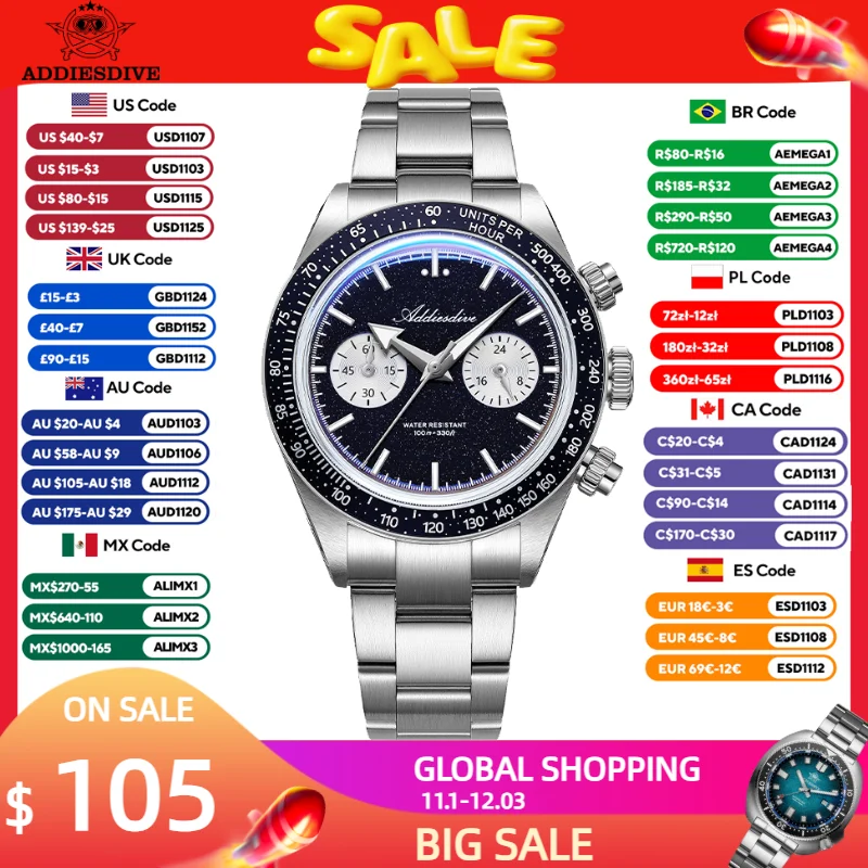 ADDIESDIVE New Quartz Watch Luxury VK64 Chronograph Men Wristwatches BGW9 Luminous Diving 100m Waterproof 316L Stainless Steel