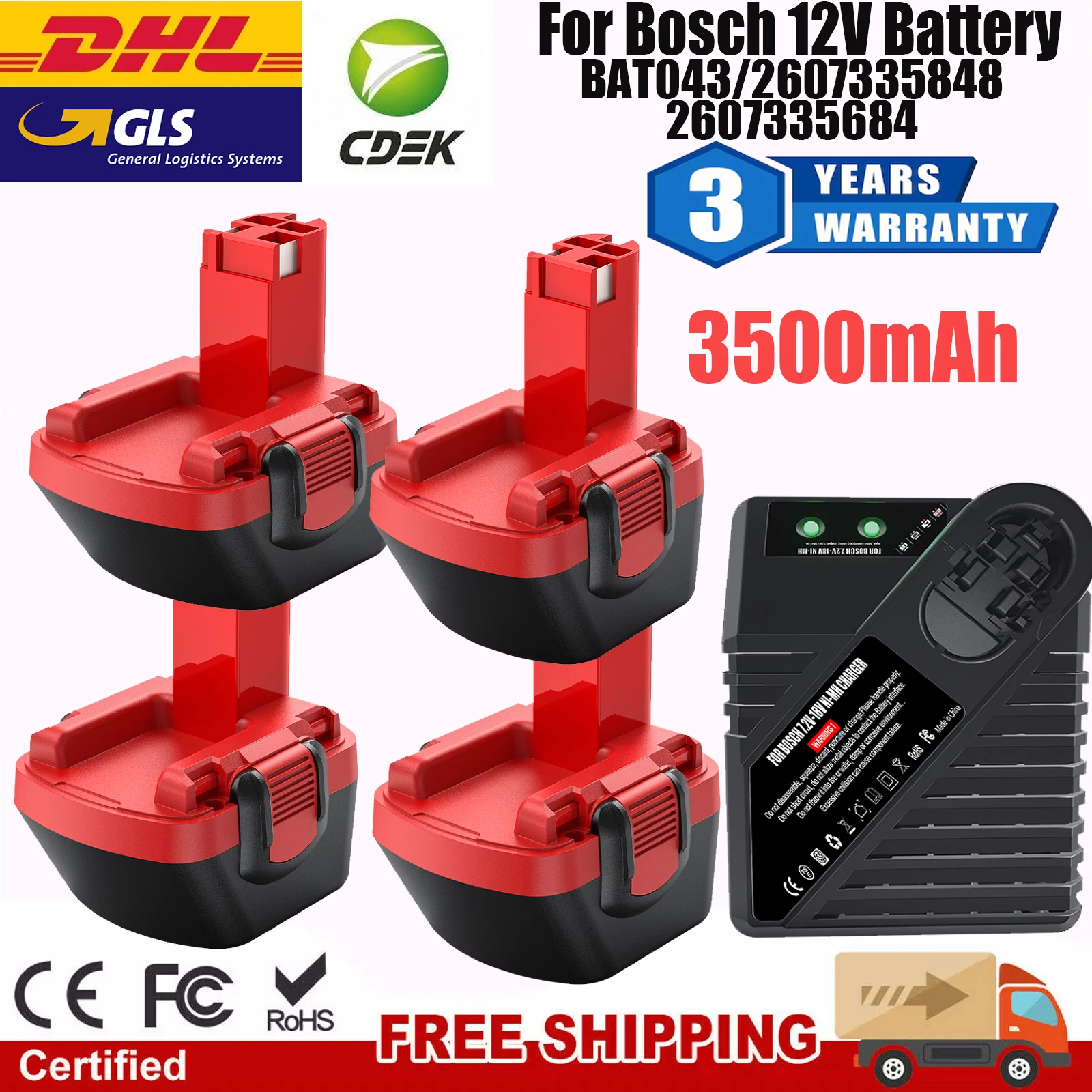 

BAT043 BAT045 BAT120 12V 3500mAh Ni-MH Rechargeable Replacement Battery for Bosch 12 V Drill GSR12VE-2 2607335684 2607335273