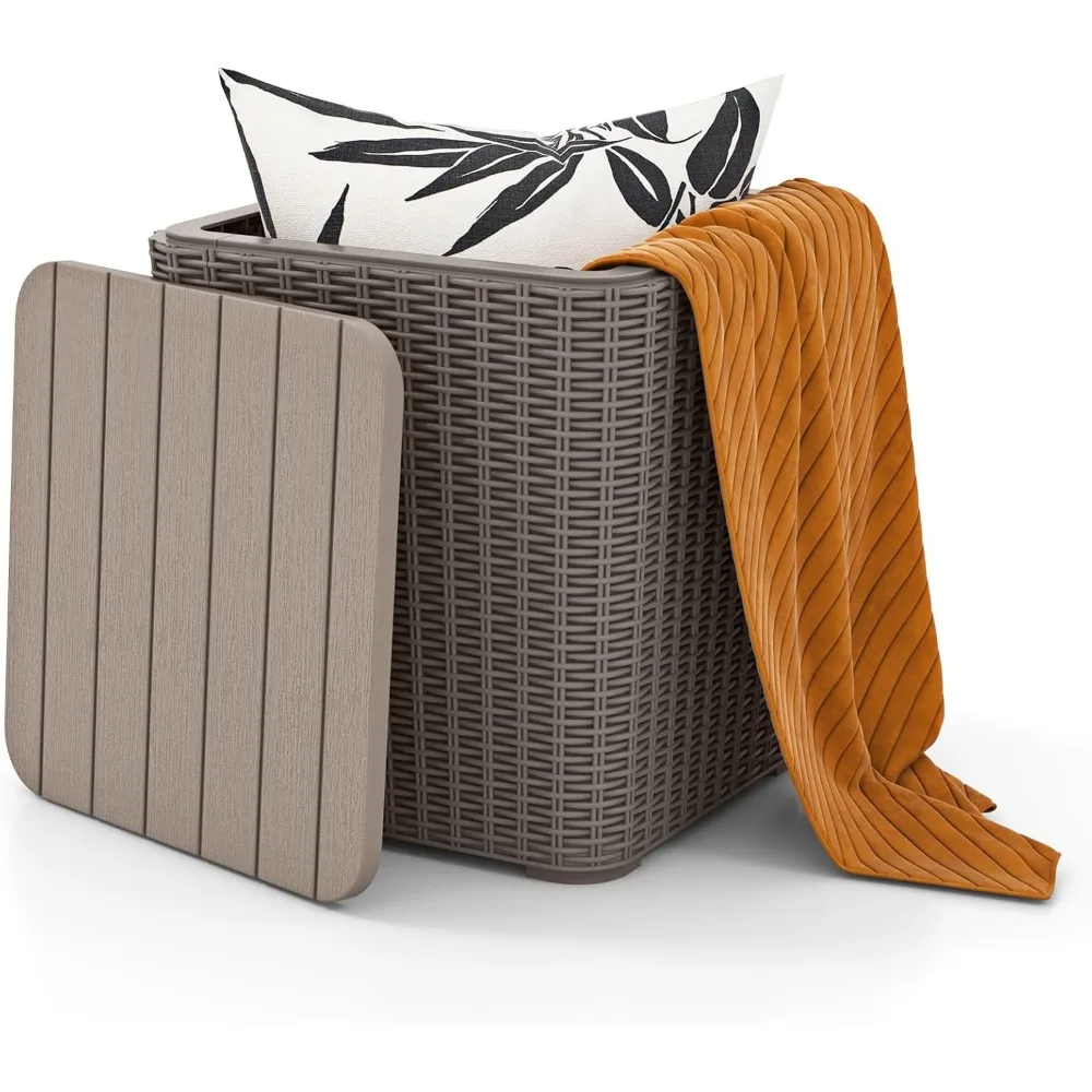 

11.5 Gallon Water-proof Deck Box, Outdoor Patio Storage Box w/Removable Lid &, Faux Rattan Storage Container Side