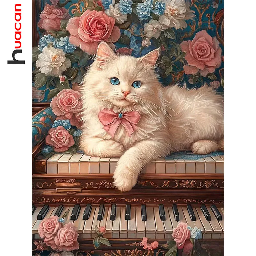 Huacan Vollquadratisches und rundes Diamant-Gemälde: Katze, Klavier, Blume – Diamant-Mosaik Tier-Komplettset für Heimdekoration