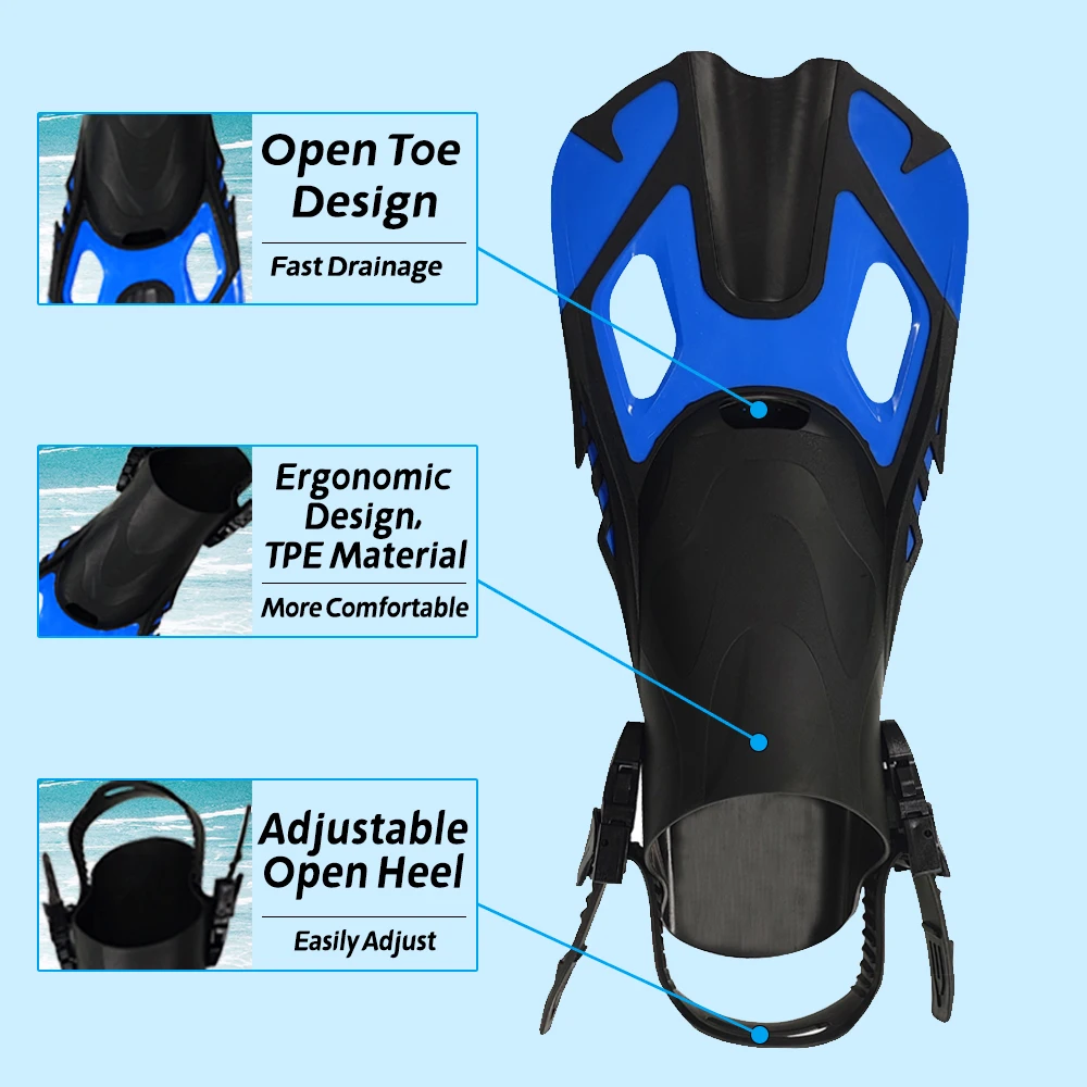 معدات زعانف الرياضات المائية زعنفة السباحة للبالغين حزام قابل للتعديل لتدريب السباحة زعانف قصيرة