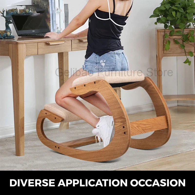 

Ergonomic Rocking Wooden Kneeling Chair Stool Correct Posture Computer Chair Original Home Office Furniture Thick Cushion