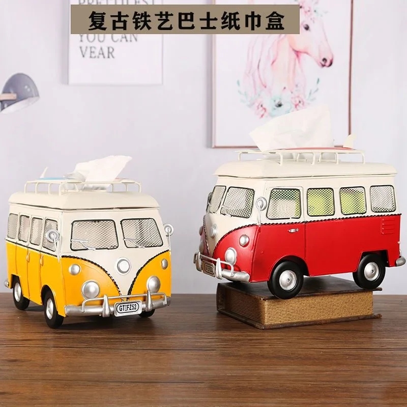 Tissue Box Paper Dispenser Napkin Holder Vintage Bus Car Model Storage Box Living Room Desktop Table Home Decoration Ornament