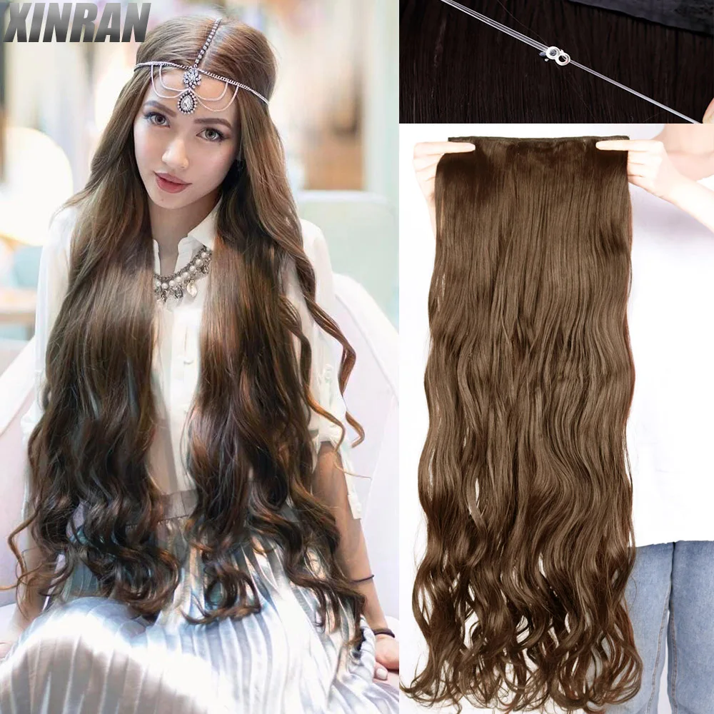 

Natural Synthetic No Clip Invisible Wire Hair Extensions Long Wavy Black Blonde One Piece False Hairpiece Mixed Color Hairstyle