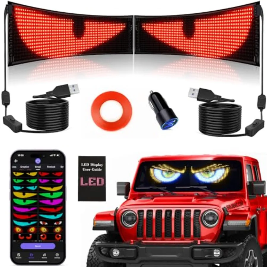 

Tnuxey Synchronize Multiple Devil Eyes Light, 15''x4'' Full Color Eyes for car Windshield, Programmable LED Display Scrolling L