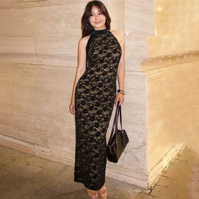 Tornova-Vestido largo de encaje Jacquard con cuello Halter para mujer, ropa de calle con Espalda descubierta, vestido de cintura alta, Sexy, ajustado, ropa de fiesta para discoteca 2026