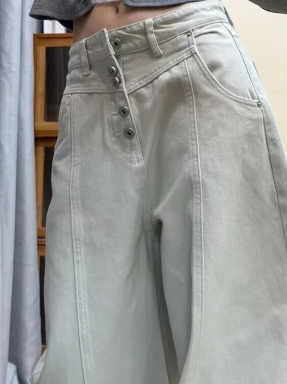 American Grey White Wide Leg Denim Jeans Women's Summer New plus Size Pear Body Shape Design Sense Bend Knife Pants