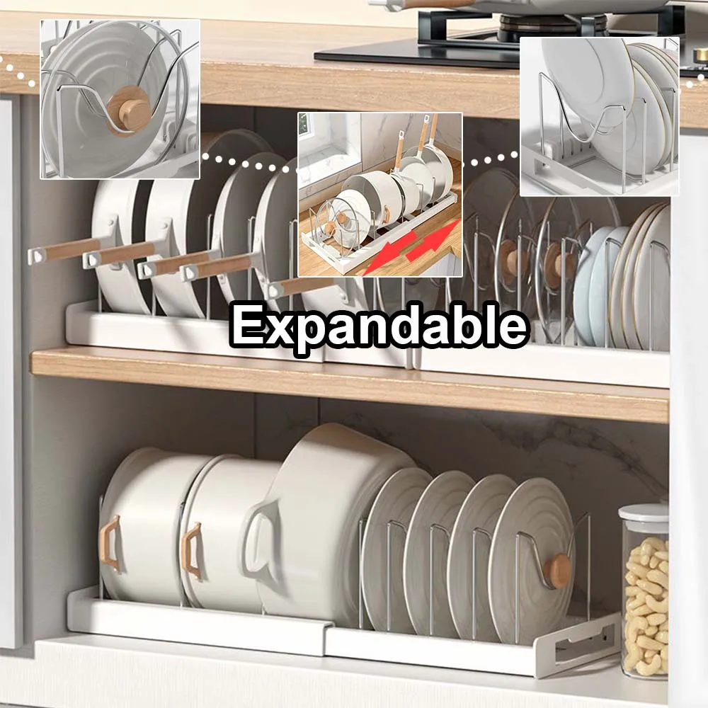 

Expandable Kitchen Lid Rack Multi-Functional Dish Storage Organizer Space-saving Cabinet Holder for Pots Bowls Plates Etagere
