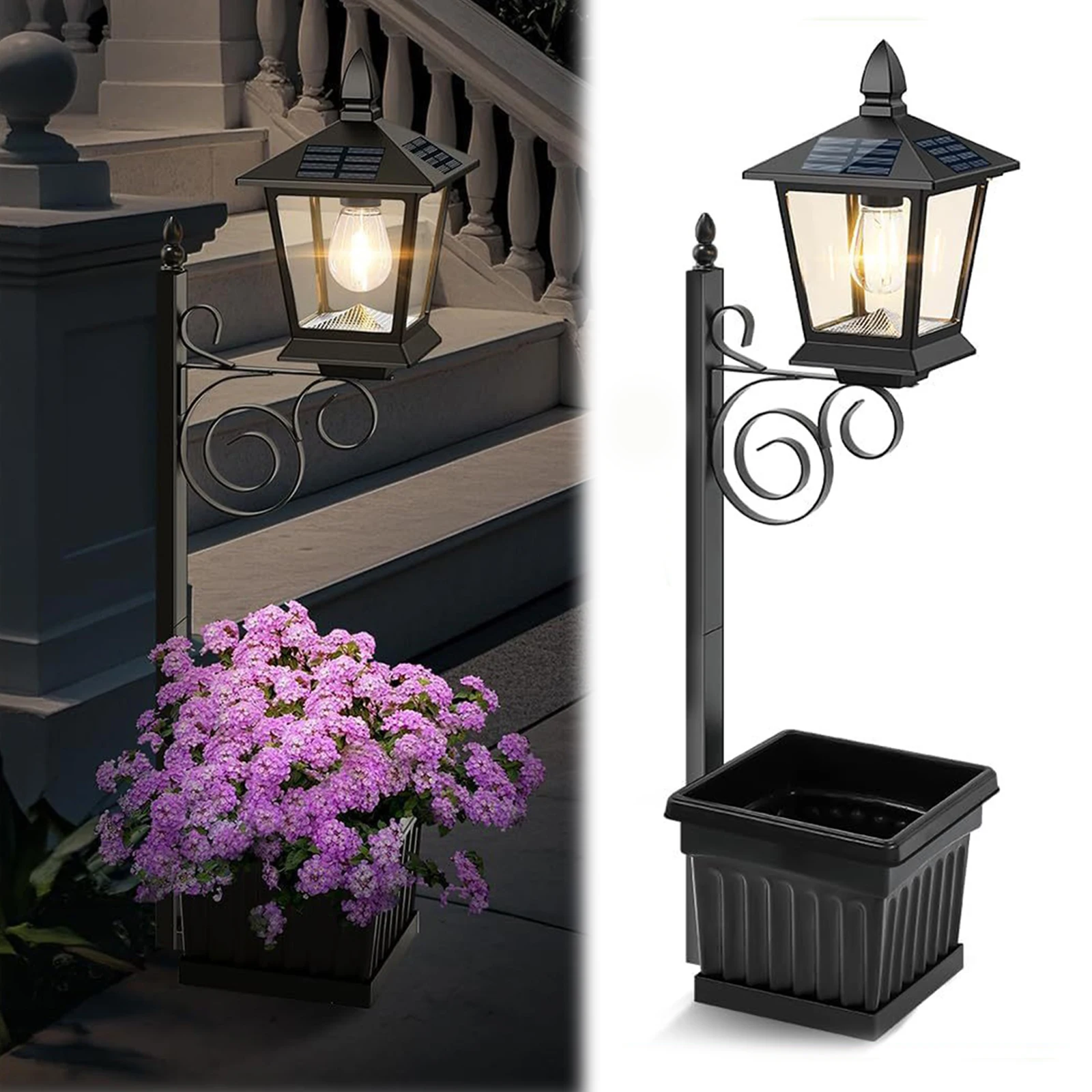 Outdoor Solar Planter Light Auto On/off Sensor Vintage Solar Porch Light 8-10 Hrs Long Lighting for Garden (No Flowers Included)