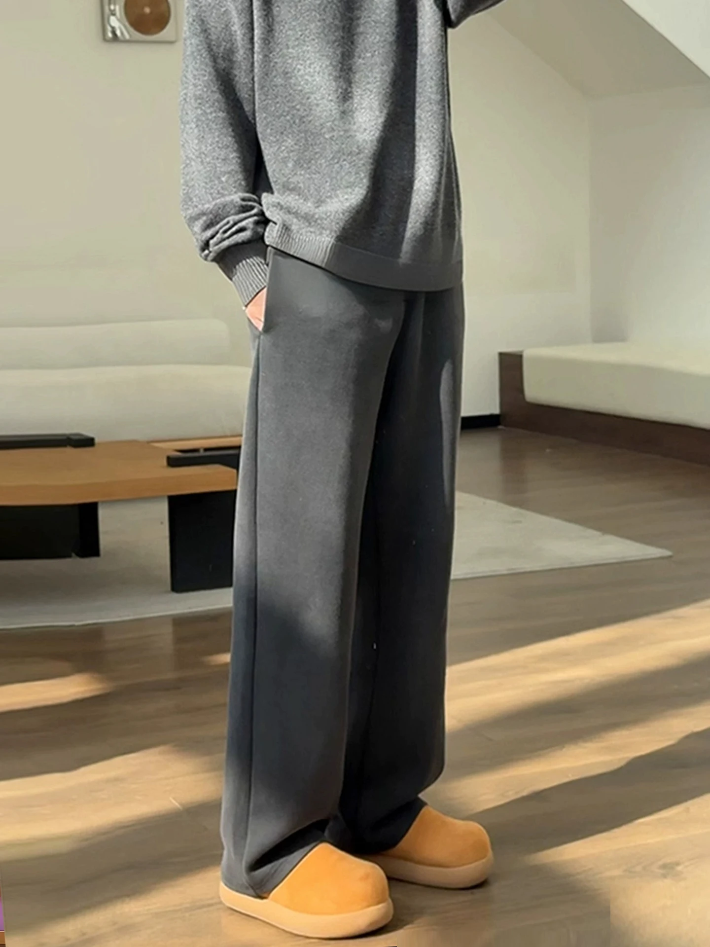 

Men's Fleece Lined Wide Leg Pants High Waist Straight Cut Thickened Winter Fashion Urban Style Black Washed American Style