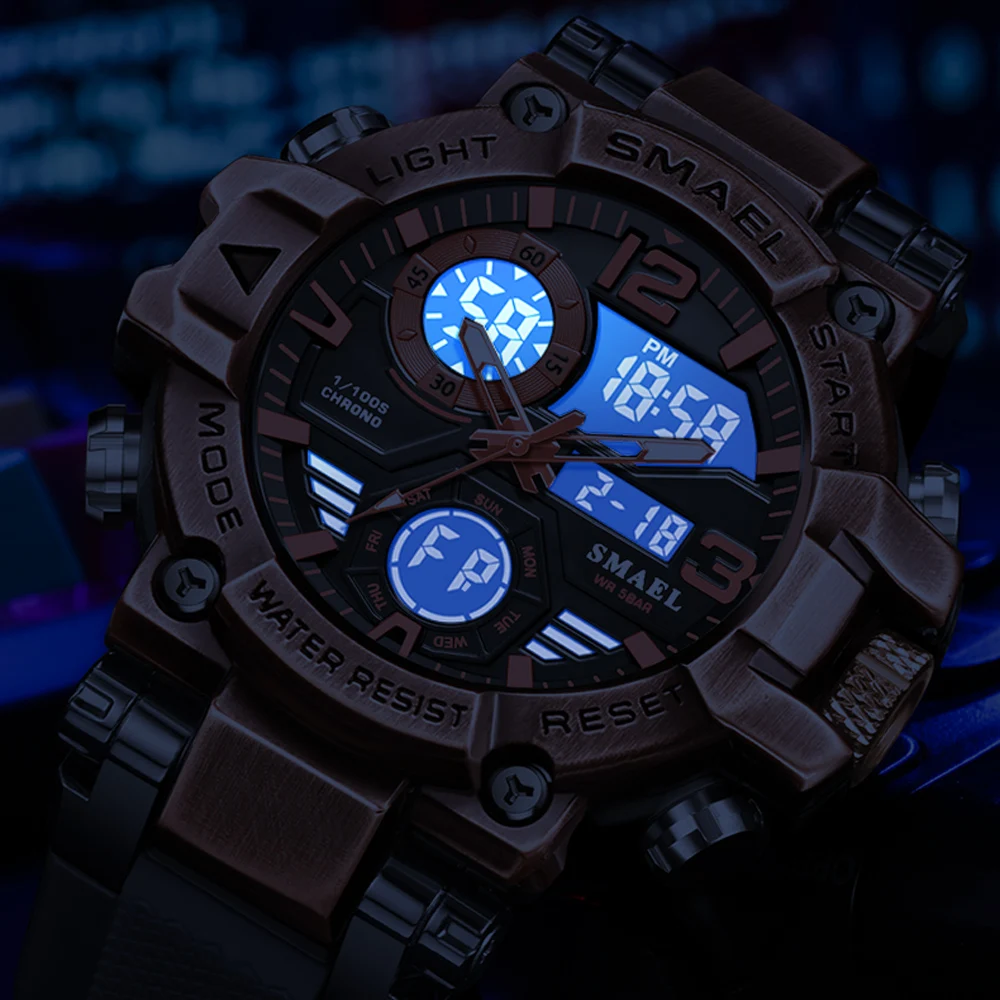 SMAEL New Watch Men Fashion Bronze Zinc Alloy Case Double Display Wristwatch Man Military Sport Style LED Quartz Watch Male Gift - view 5