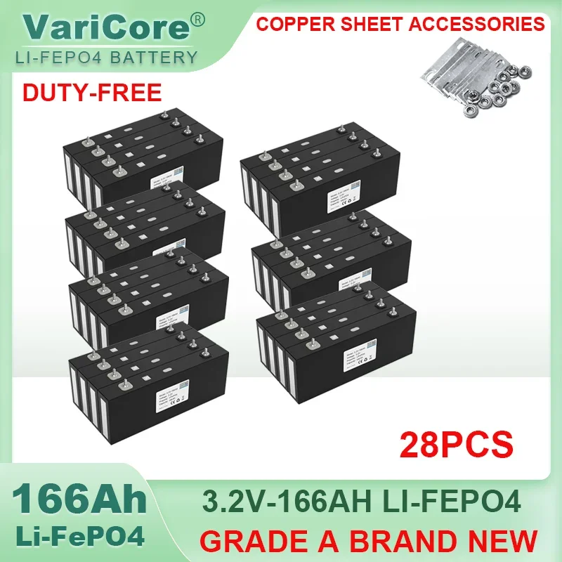 28pcs VariCore 3.2V 166Ah LiFePO4 Rechargeable battery DIY 12v Golf Cart Motorcycle Electric Car Travel Solar Grade A Batteries