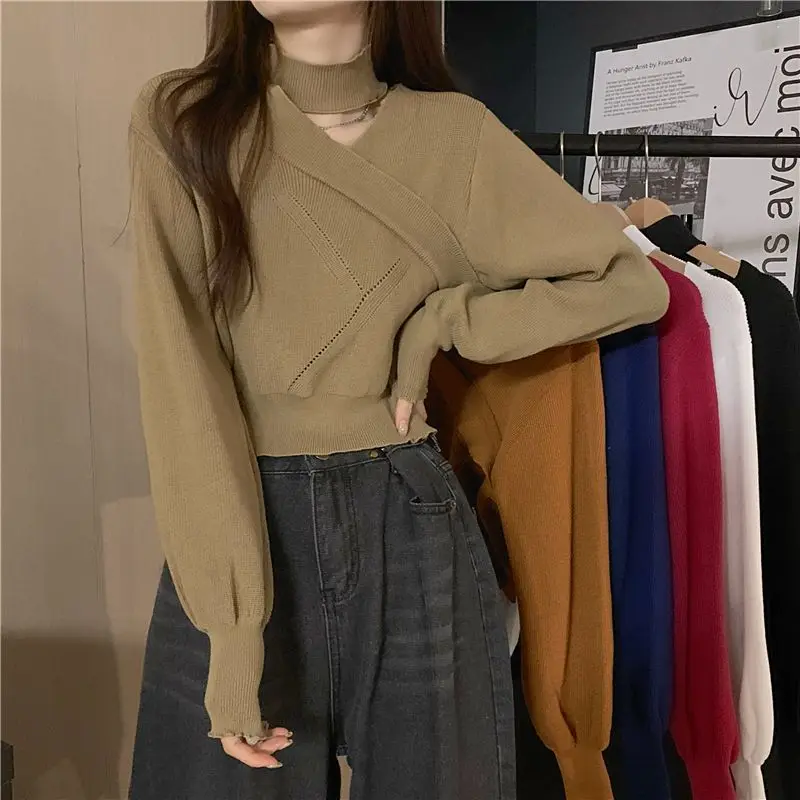 

Hollow Design Creativity Simple Pure Sweater Autumn All-Match Daily Korean Style Cross Leisure Halter