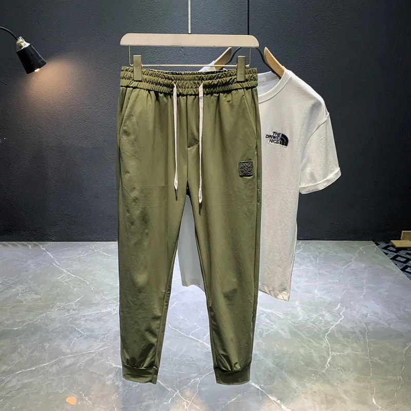 Light luxury ice silk pants for men's summer new fashion trend brand high-end embroidery sports quick drying casual pants