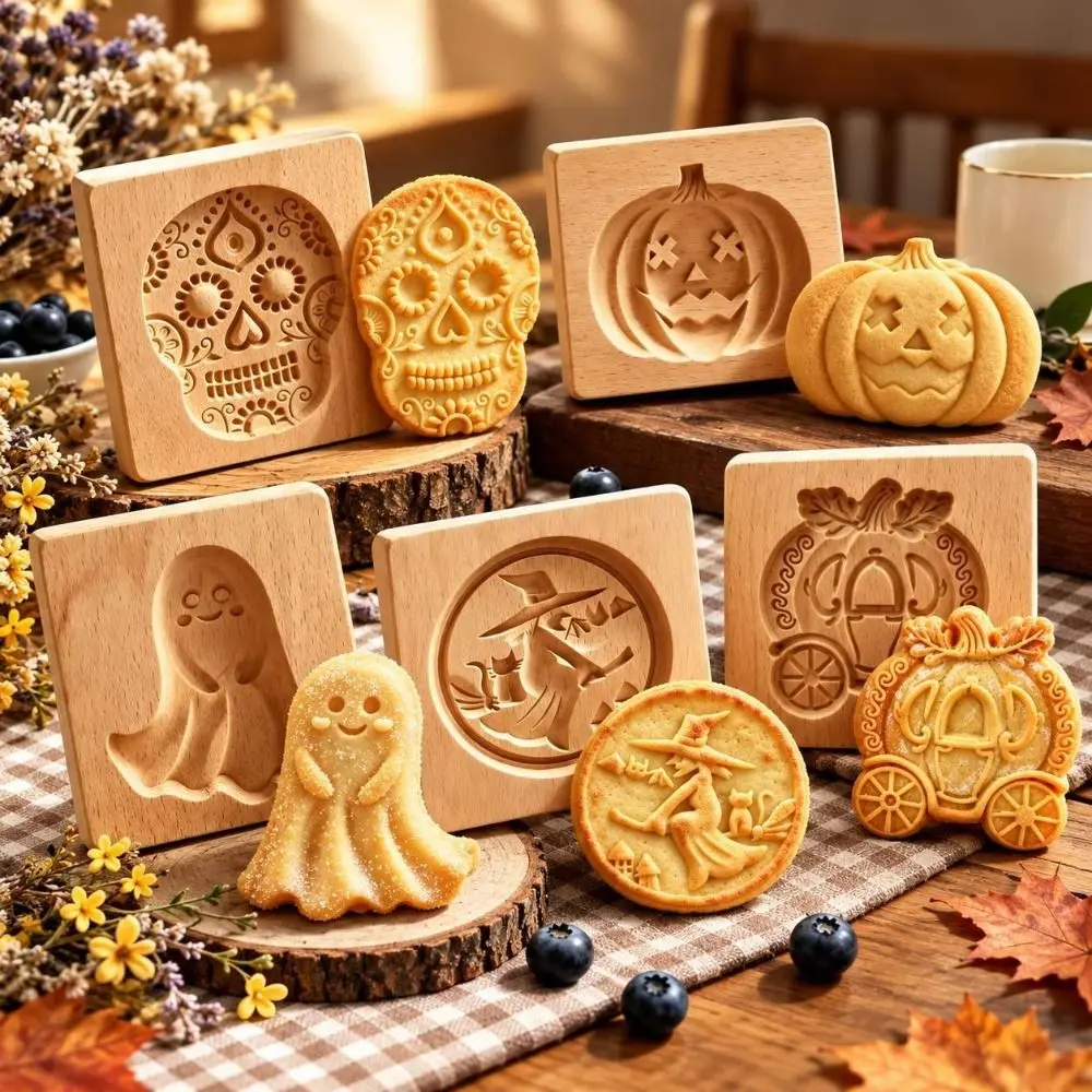 Creative 3D Carved Wooden Cookie Mold Halloween Pumpkin Ghost Baking Tools Gingerbread Stamp Baking Molds Baking