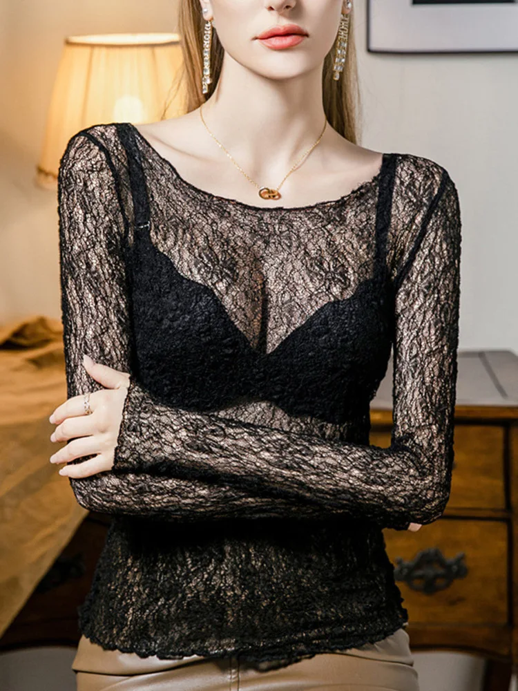

2025 New Women Sheer Lace Slim Fit Long Sleeve Dance Tops for Classical Performance Stagewear Bodycon T-shirt