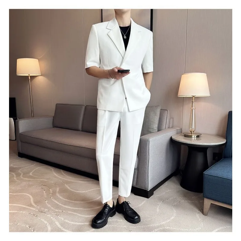 

Men's White Half Sleeve Suit 2-Piece Set Slim Fit Blazer + Trousers Casual Business Outfit