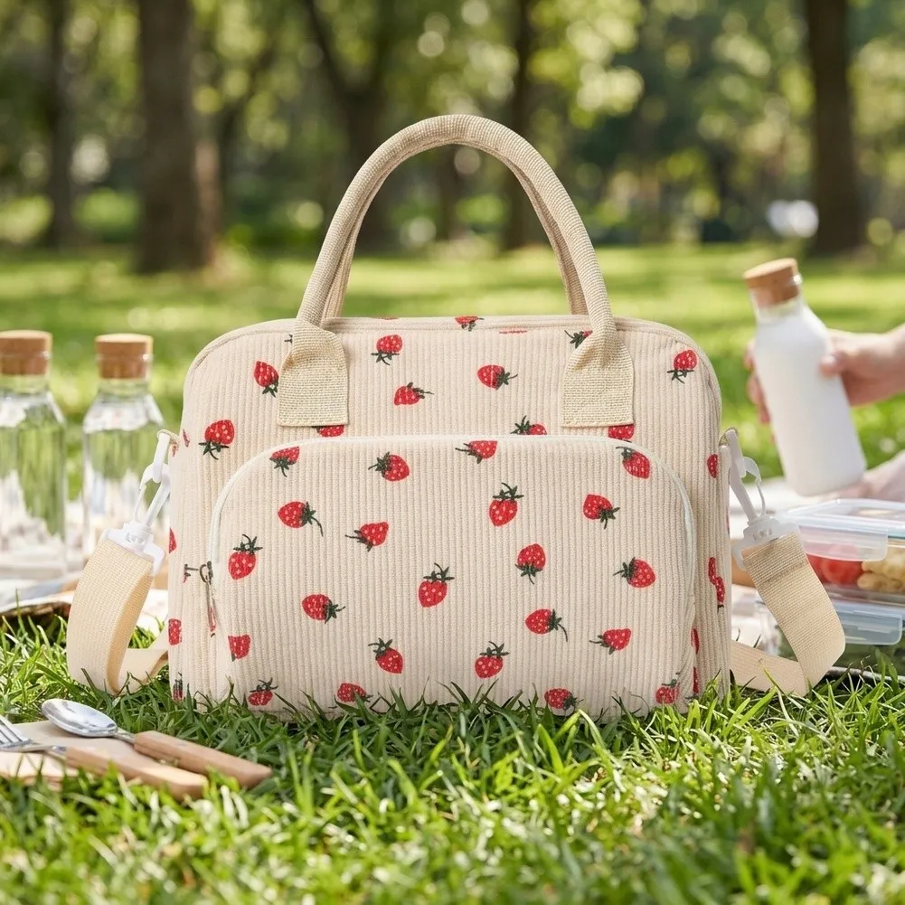 Insulated Cooler Tote Bag Corduroy 28.5x16x23cm Thermal Lunch Box with Detachable Strap and Organized Interior Compartments