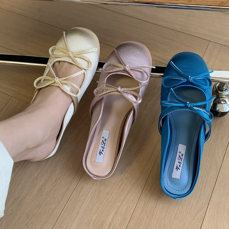 

Комфортные атласные тапочки для женщин, летние сандалии на плоской подошве с круглым носком и бантом, элегантные брендовые туфли-мулы для банкетов, Sandalias De Mujer