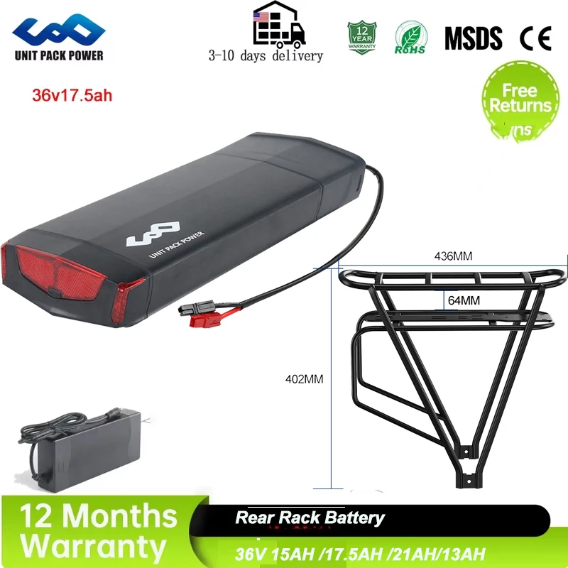 E-Bike Gepäckträger-Akku 36V 17,5AH 21AH 15Ah 18650 Zellen Lithium-Akkupack für 0-1000W Motor E-Bike Kit