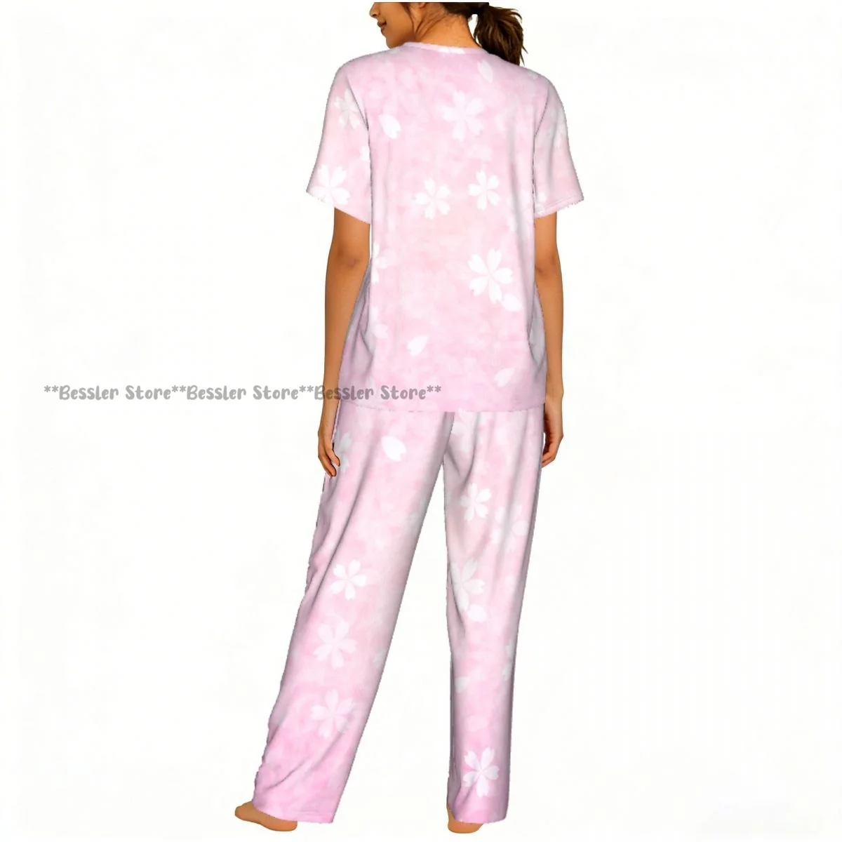 Women's Pink Japanese Cherry short sleeve trousers casual pajamas set view 4