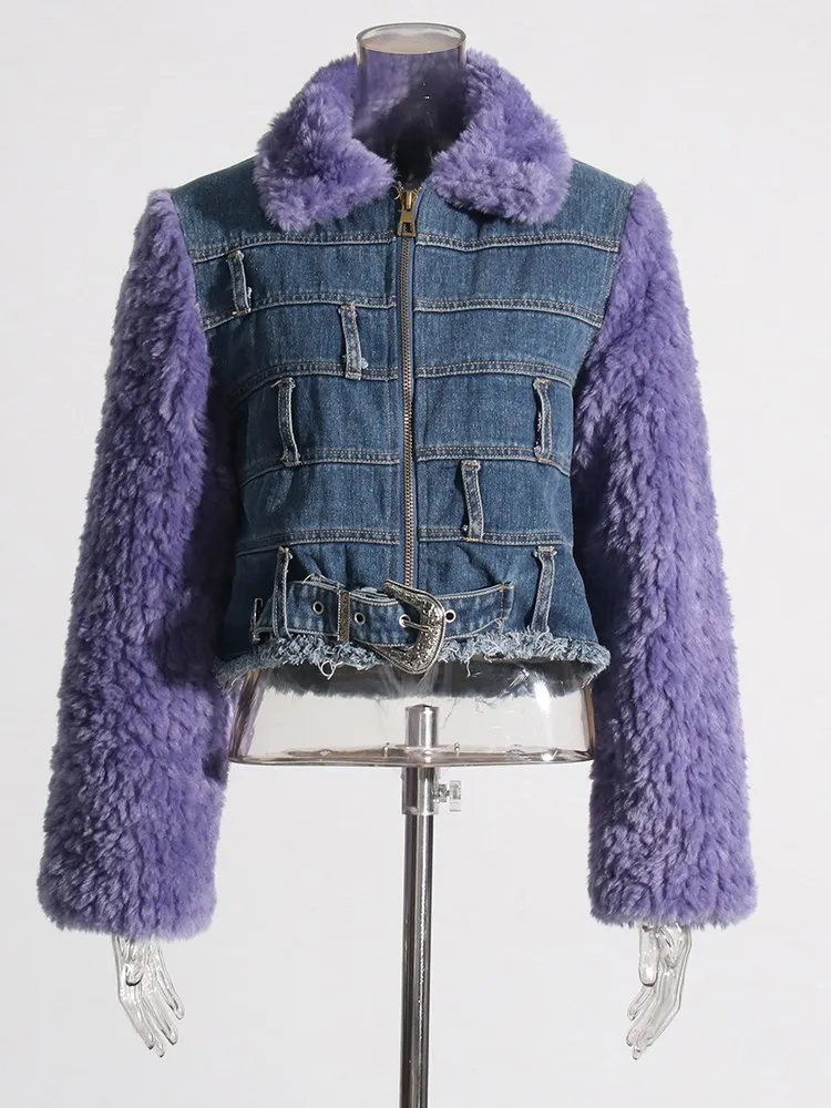 BPN Colorblock Patchwork Lambswool Denim Parkas For Women Lapel Long Sleeve Fashion Spliced Belt Casual Loose Coats Female Style