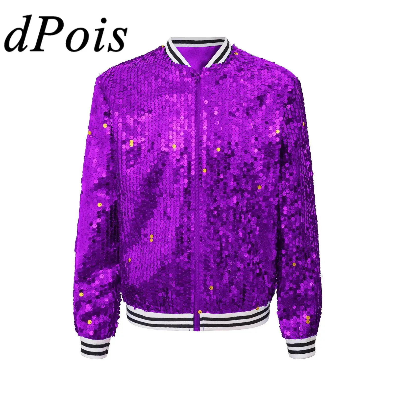 Women Sparkly Sequin Baseball Jackets Coat Long Sleeve Zip Up Striped Trim Outerwear Hip Hop Jazz Dancing Party Bomber Jacket