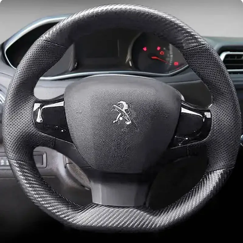 

100% Fit For Peugeot 308 2014-2017 Auto Parts Hand-stitched black carbon fiber Genuine Leather non-slip car steering wheel cover