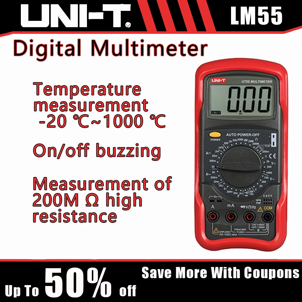 UNI-T UT55 مقياس رقمي متعدد 1000 فولت التيار المتناوب/تيار مستمر العالمي DMM الترانزستور الكهربائي مكثف تستر للهندسة الكهربائية