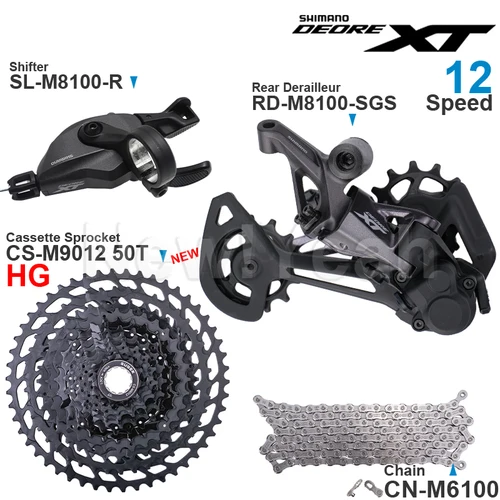 Imagen 2 del producto Grupo SHIMANO DEORE XT M8100 de 12 velocidades con palanca de cambios, desviador trasero, cadena de CN-M6100 Original y piñón de Cassette 11-50T/52T