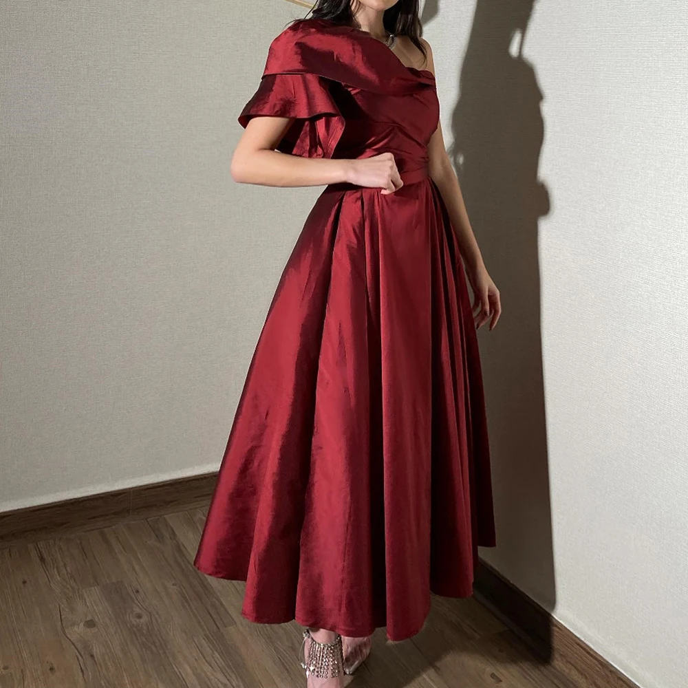 Customized Classic One Shoulder Short Sleeves Ankle-Length Evening Dress Graceful A-Line Satin Sashes Pleats Burgundy Prom Dress