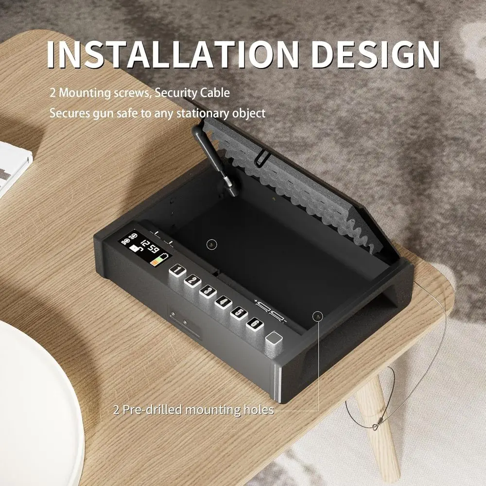 Fingerprint Access Biometric Pistol Safe with LCD Display for Temperature, Humidity, and Time Monitoring, 3-Method Unlock for Tw