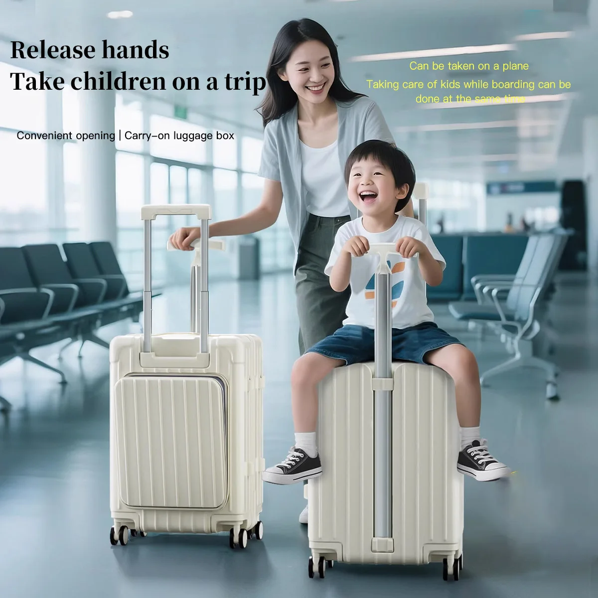 

Mom's 20-inch luggage with a child seat for boys and girls, suitable for baby strolling, family travel, and carry-on roller bag