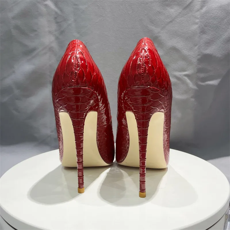 Tikicup New 12cm 10cm Thin Heeled Sexy Women Red Crocodile Effect Pointy Toe Party Wedding Shoes Snakeskin Stiletto Pumps