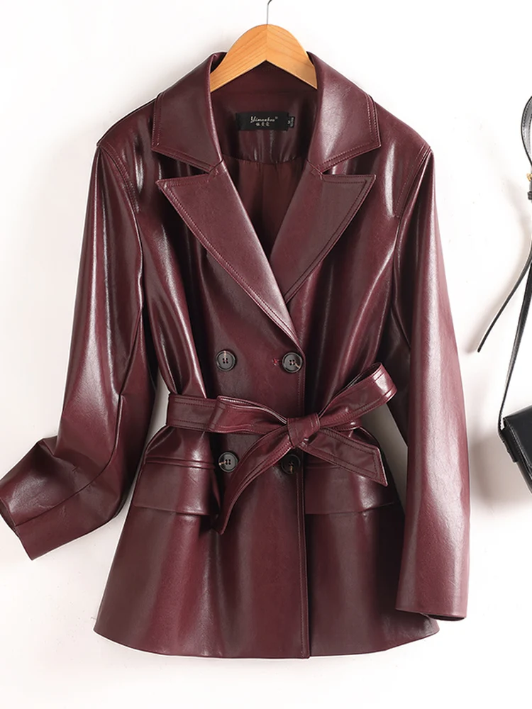 

Haining Women's ort Lamb Leather Jaet Slimming Waist Vintage Spring Autumn Loose Genuine Leather Windbreaker Coat