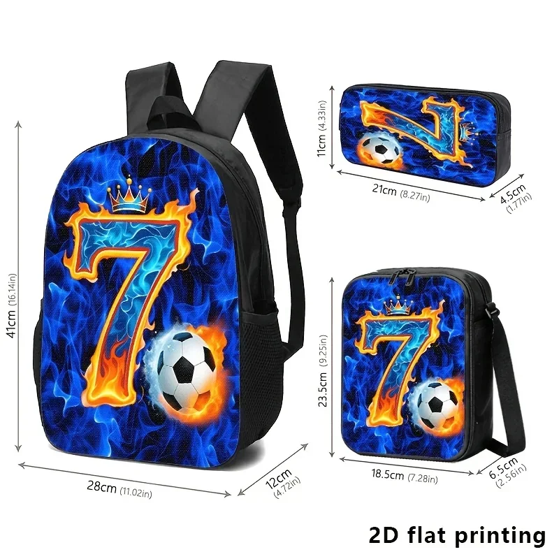 Custom Bag Flame-themed '7' With Soccer Ball Design On 1/2/3pcs Set (backpack, Crossbody, Pencil Case). Bold Blue Fire Aesthetic