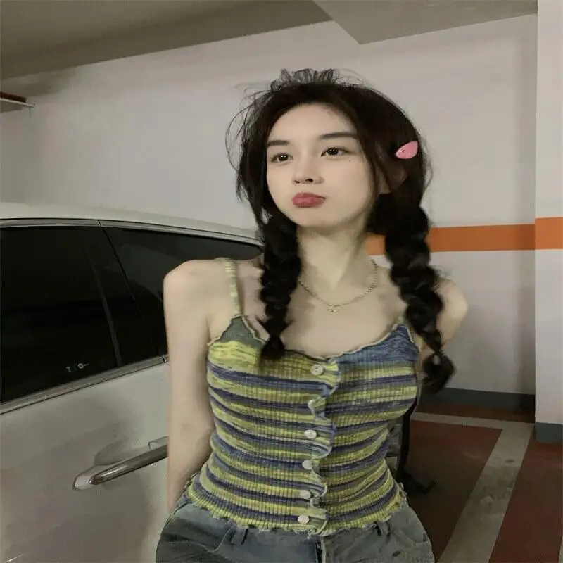 Französisch Stil Leibchen Frauen Ärmel Taste Strickjacke Regenbogen Gestreiften Slim Fit Spitze Trim Casual Sommer Nette Kawaii Mode Neue